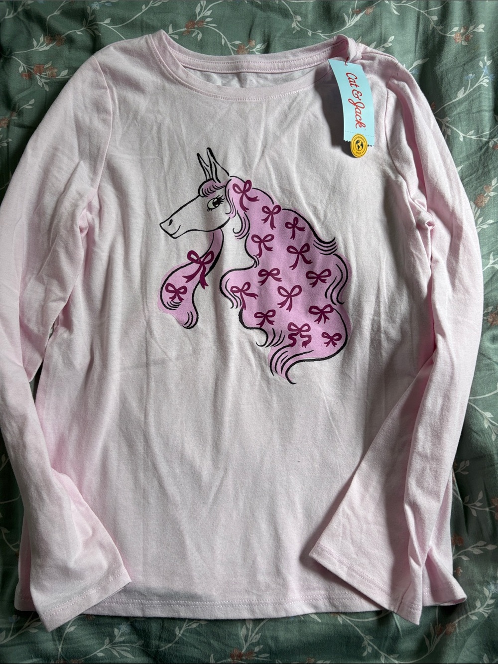 Cat & Jack Pink Long Sleeve Unicorn Tee with Bow Mane Graphic
